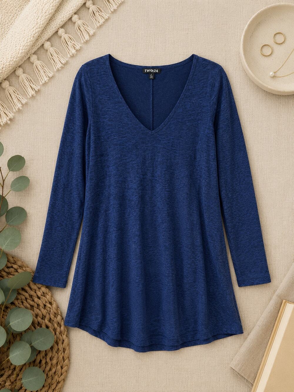 Express Women's Long Sleeve V-Neck Swing Dress Blue Space Dye Minimalist Size M